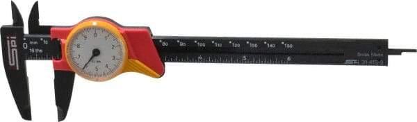 SPI - 0mm to 150mm Range, 0.1 mm Graduation, 10mm per Revolution, Dial Caliper - White Face, 1.57" Jaw Length - Eagle Tool & Supply