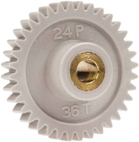 Made in USA - 24 Pitch, 1-1/2" Pitch Diam, 1.583" OD, 36 Tooth Spur Gear - 1/4" Face Width, 1/4" Bore Diam, 5/8" Hub Diam, 20° Pressure Angle, Acetal - Eagle Tool & Supply