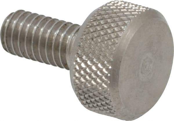 Morton Machine Works - M4x0.70 Knurled Shoulderless Grade 303 Stainless Steel Thumb Screw - 14mm OAL, 9.5mm Head Diam x 5mm Head Height - Eagle Tool & Supply