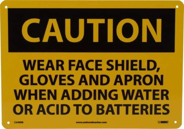 NMC - "Caution - Wear Face Shield Gloves and Apron When Adding Water or Acid to Batteries", 10" Long x 14" Wide, Rigid Plastic Safety Sign - Rectangle, 0.05" Thick, Use for Accident Prevention - Eagle Tool & Supply