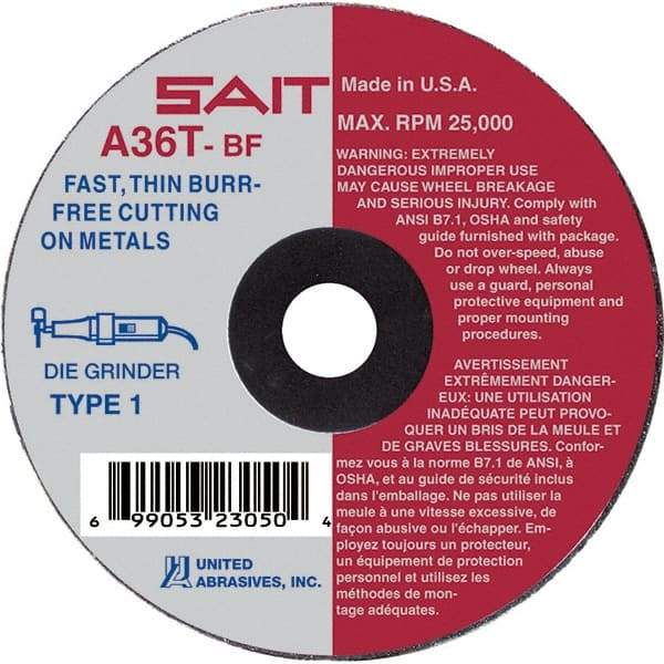 Sait - 4" 36 Grit Aluminum Oxide Cutoff Wheel - 0.035" Thick, 1/4" Arbor, 19,000 Max RPM, Use with Die Grinders - Eagle Tool & Supply