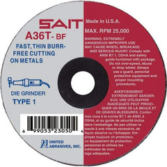 Sait - 3" 36 Grit Aluminum Oxide Cutoff Wheel - 1/16" Thick, 3/8" Arbor, 25,000 Max RPM, Use with Die Grinders - Eagle Tool & Supply