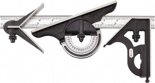 Starrett - 4 Piece, 12" Combination Square Set - 1/16, 1/32, 1/64 & 1/8" (4R) Graduation, Hardened Steel Blade, Cast Iron Center, Protractor & Square Head - Eagle Tool & Supply