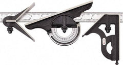 Starrett - 4 Piece, 12" Combination Square Set - 1/16, 1/32, 1/64 & 1/8" (4R) Graduation, Hardened Steel Blade, Cast Iron Center, Protractor & Square Head - Eagle Tool & Supply