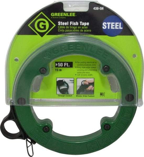 Greenlee - 50 Ft. Long x 1/8 Inch Wide, 3/64 Inch Thick, Steel Fish Tape - 400 Lb. Pulling Strength, Includes Case - Eagle Tool & Supply