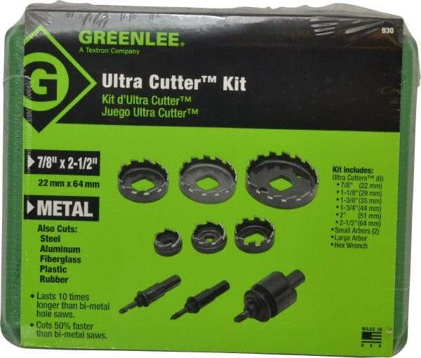 Greenlee - 9 Piece, 7/8" to 2-1/2" Saw Diam, Electrician's Hole Saw Kit - High Speed Steel, Toothed Edge, Includes 6 Hole Saws - Eagle Tool & Supply