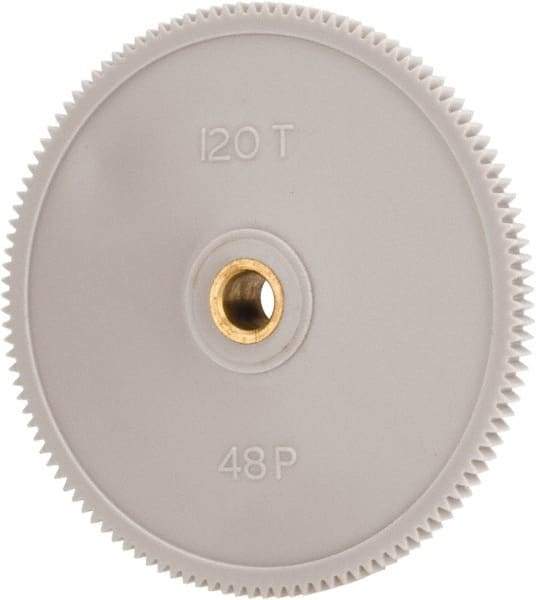 Made in USA - 48 Pitch, 2-1/2" Pitch Diam, 2.542" OD, 120 Tooth Spur Gear - 1/8" Face Width, 1/4" Bore Diam, 39/64" Hub Diam, 20° Pressure Angle, Acetal - Eagle Tool & Supply