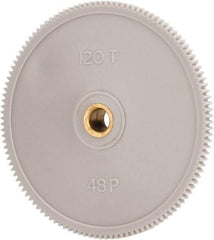 Made in USA - 48 Pitch, 2-1/2" Pitch Diam, 2.542" OD, 120 Tooth Spur Gear - 1/8" Face Width, 1/4" Bore Diam, 39/64" Hub Diam, 20° Pressure Angle, Acetal - Eagle Tool & Supply