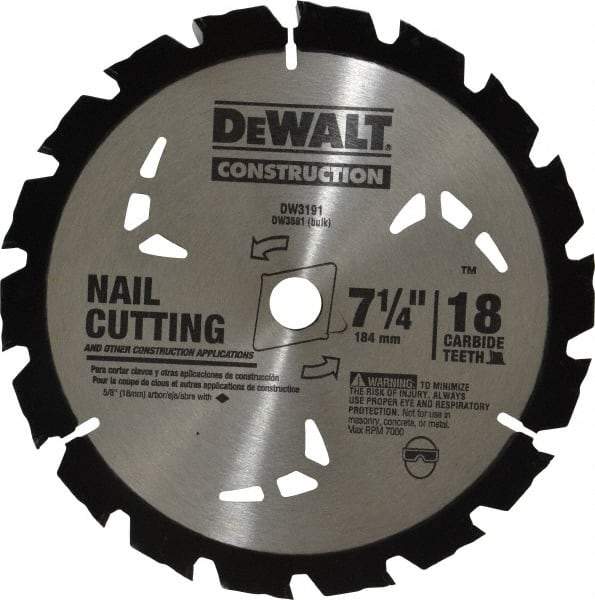 DeWALT - 7-1/4" Diam, 5/8" Arbor Hole Diam, 18 Tooth Wet & Dry Cut Saw Blade - Carbide-Tipped, General Purpose Action, Diamond Arbor - Eagle Tool & Supply