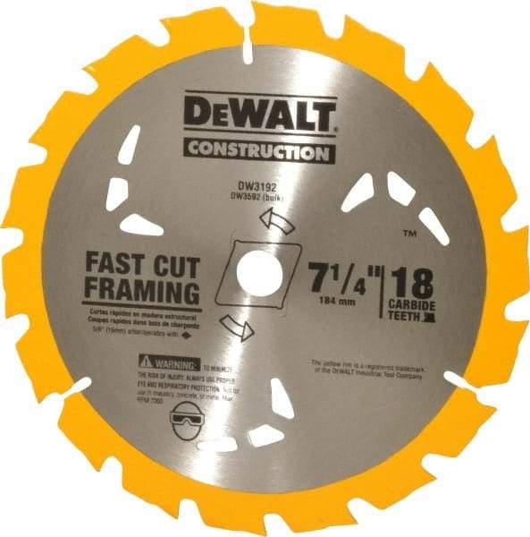 DeWALT - 7-1/4" Diam, 5/8" Arbor Hole Diam, 18 Tooth Wet & Dry Cut Saw Blade - Carbide-Tipped, General Purpose Action, Diamond Arbor - Eagle Tool & Supply