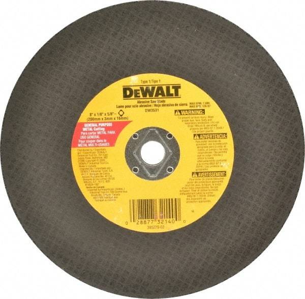 DeWALT - 8" Aluminum Oxide Cutoff Wheel - 1/8" Thick, 5/8" Arbor, 7,600 Max RPM, Use with Circular Saws - Eagle Tool & Supply