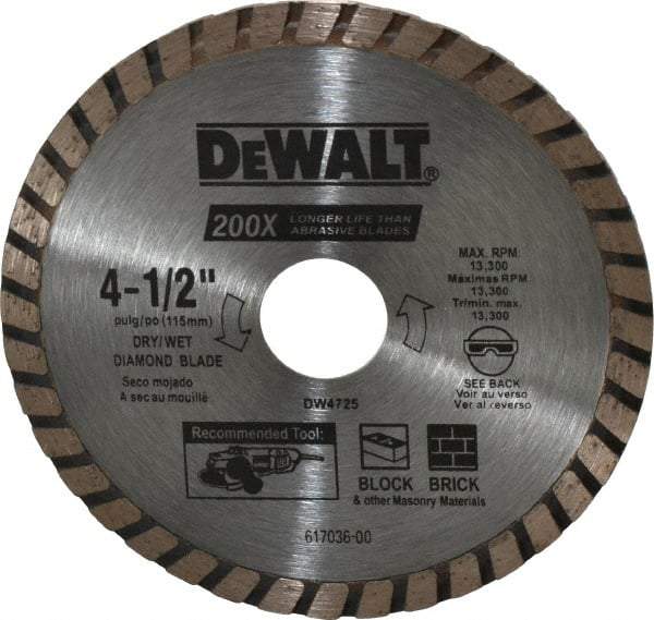 DeWALT - 4-1/2" Diam, 7/8" Arbor Hole Diam, Wet & Dry Cut Saw Blade - Diamond-Tipped, Standard Round Arbor - Eagle Tool & Supply