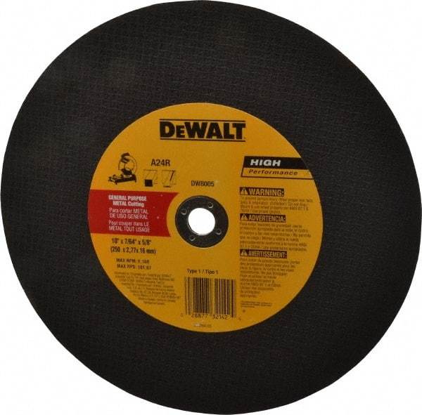 DeWALT - 10" 24 Grit Aluminum Oxide Cutoff Wheel - 7/64" Thick, 5/8" Arbor, 6,100 Max RPM, Use with Stationary Tools - Eagle Tool & Supply