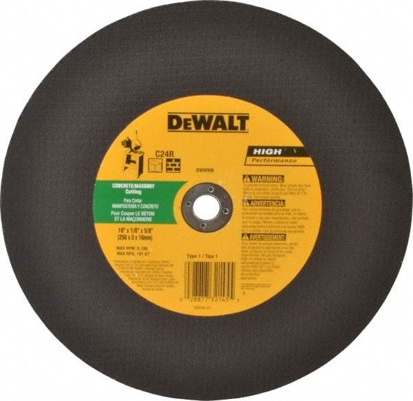 DeWALT - 10" 24 Grit Silicon Carbide Cutoff Wheel - 1/8" Thick, 5/8" Arbor, 6,100 Max RPM, Use with Stationary Tools - Eagle Tool & Supply