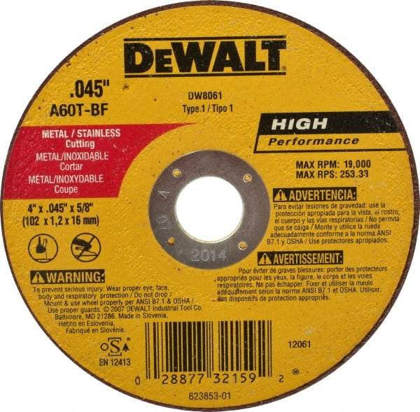 DeWALT - 4" Aluminum Oxide Cutoff Wheel - 0.045" Thick, 5/8" Arbor, 15,200 Max RPM, Use with Circular Saws - Eagle Tool & Supply