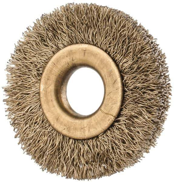 Value Collection - 1-3/8" OD, 3/8" Arbor Hole, Crimped Brass-Coated Steel Wheel Brush - 1/4" Face Width, 3/8" Trim Length, 0.007" Filament Diam, 20,000 RPM - Eagle Tool & Supply