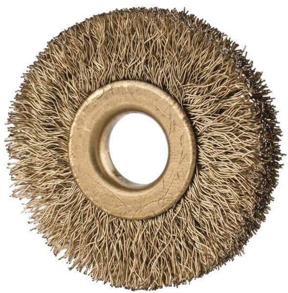 Value Collection - 1-1/2" OD, 3/8" Arbor Hole, Crimped Brass-Coated Steel Wheel Brush - 1/4" Face Width, 3/8" Trim Length, 0.007" Filament Diam, 20,000 RPM - Eagle Tool & Supply