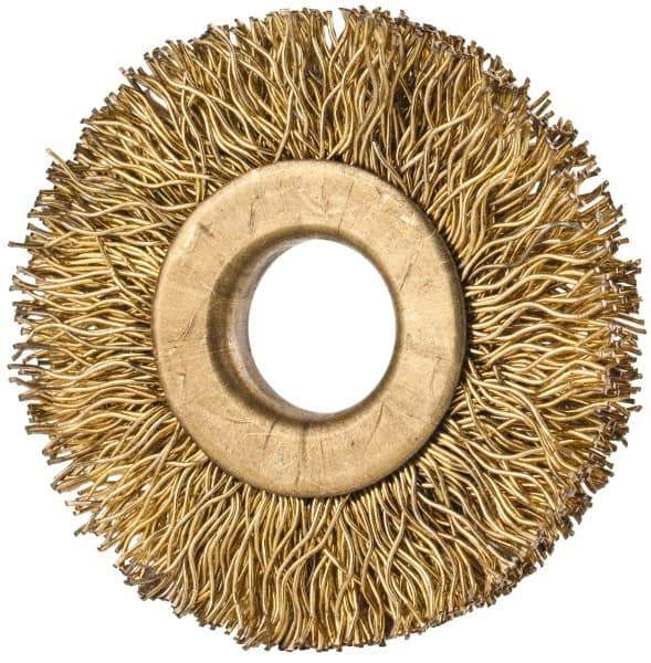 Value Collection - 1-3/8" OD, 3/8" Arbor Hole, Crimped Brass-Coated Steel Wheel Brush - 1/4" Face Width, 3/8" Trim Length, 0.012" Filament Diam, 20,000 RPM - Eagle Tool & Supply