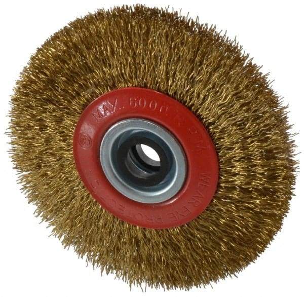 Value Collection - 5" OD, 3/4" Arbor Hole, Crimped Brass-Coated Steel Wheel Brush - 11/16" Face Width, 1-3/32" Trim Length, 0.014" Filament Diam, 6,000 RPM - Eagle Tool & Supply