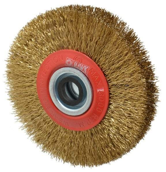 Value Collection - 5" OD, 3/4" Arbor Hole, Crimped Brass-Coated Steel Wheel Brush - 1" Face Width, 1-3/32" Trim Length, 0.014" Filament Diam, 6,000 RPM - Eagle Tool & Supply