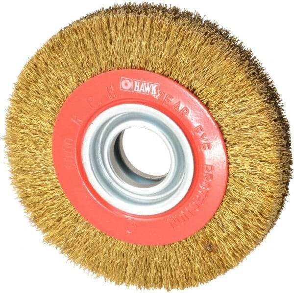 Value Collection - 6" OD, 1-1/4" Arbor Hole, Crimped Brass-Coated Steel Wheel Brush - 1" Face Width, 1-1/8" Trim Length, 0.014" Filament Diam, 6,000 RPM - Eagle Tool & Supply