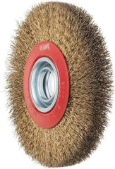 Value Collection - 7" OD, 1-1/4" Arbor Hole, Crimped Brass-Coated Steel Wheel Brush - 3/4" Face Width, 1-1/2" Trim Length, 0.014" Filament Diam, 6,000 RPM - Eagle Tool & Supply