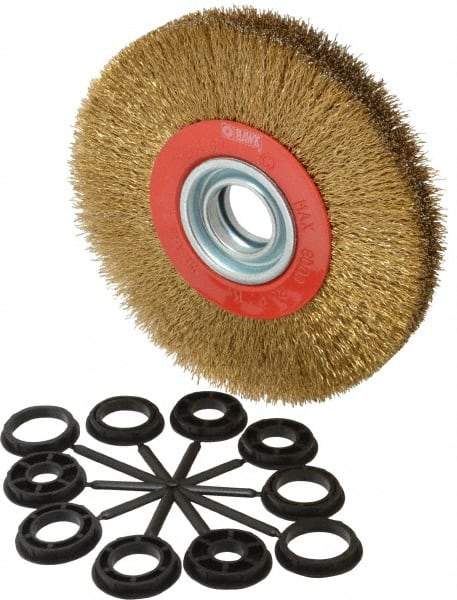 Value Collection - 7" OD, 1-1/4" Arbor Hole, Crimped Brass-Coated Steel Wheel Brush - 1" Face Width, 1-1/2" Trim Length, 0.014" Filament Diam, 6,000 RPM - Eagle Tool & Supply