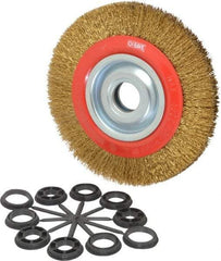 Value Collection - 8" OD, 1-1/4" Arbor Hole, Crimped Brass-Coated Steel Wheel Brush - 3/4" Face Width, 1-11/32" Trim Length, 0.014" Filament Diam, 4,500 RPM - Eagle Tool & Supply