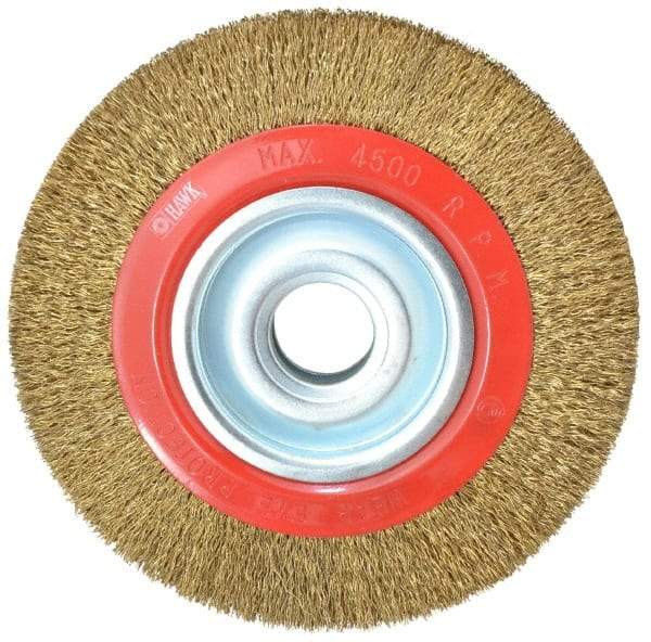 Value Collection - 8" OD, 1-1/4" Arbor Hole, Crimped Brass-Coated Steel Wheel Brush - 1" Face Width, 1-11/32" Trim Length, 0.014" Filament Diam, 4,500 RPM - Eagle Tool & Supply