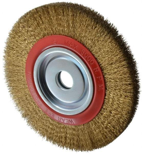 Value Collection - 10" OD, 1-1/4" Arbor Hole, Crimped Brass-Coated Steel Wheel Brush - 1" Face Width, 1-15/32" Trim Length, 0.014" Filament Diam, 3,000 RPM - Eagle Tool & Supply