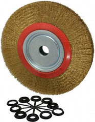 Value Collection - 12" OD, 1-1/4" Arbor Hole, Crimped Brass-Coated Steel Wheel Brush - 1-21/32" Face Width, 2-3/8" Trim Length, 0.014" Filament Diam, 3,000 RPM - Eagle Tool & Supply