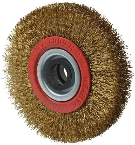 Value Collection - 4" OD, 3/4" Arbor Hole, Crimped Brass-Coated Steel Wheel Brush - 5/8" Face Width, 11/16" Trim Length, 0.012" Filament Diam, 8,000 RPM - Eagle Tool & Supply