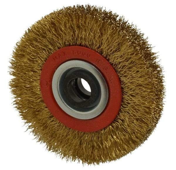 Value Collection - 4" OD, 3/4" Arbor Hole, Crimped Brass-Coated Steel Wheel Brush - 3/4" Face Width, 11/16" Trim Length, 0.012" Filament Diam, 8,000 RPM - Eagle Tool & Supply