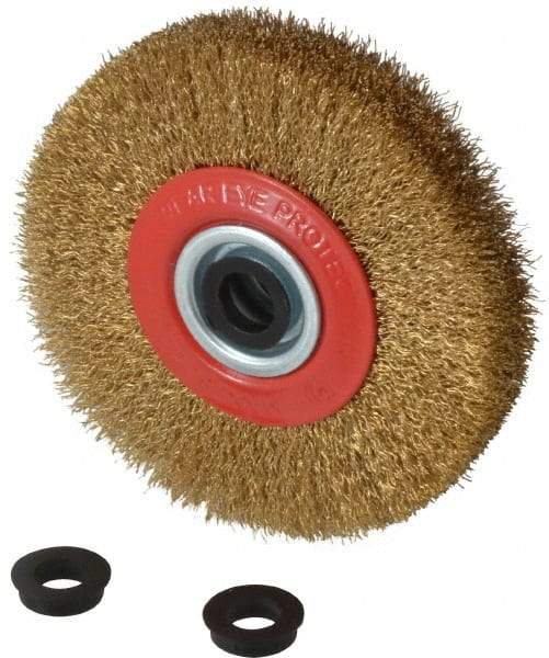 Value Collection - 5" OD, 3/4" Arbor Hole, Crimped Brass-Coated Steel Wheel Brush - 1" Face Width, 1-3/32" Trim Length, 0.012" Filament Diam, 6,000 RPM - Eagle Tool & Supply
