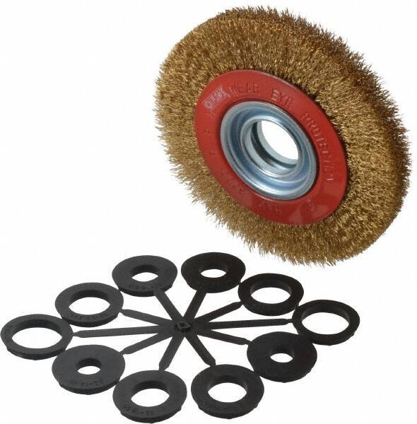 Value Collection - 6" OD, 1-1/4" Arbor Hole, Crimped Brass-Coated Steel Wheel Brush - 11/16" Face Width, 1-1/8" Trim Length, 0.012" Filament Diam, 6,000 RPM - Eagle Tool & Supply