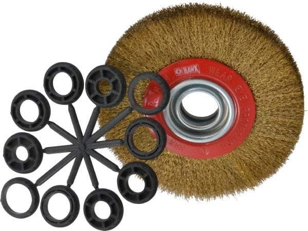 Value Collection - 7" OD, 1-1/4" Arbor Hole, Crimped Brass-Coated Steel Wheel Brush - 3/4" Face Width, 1-1/2" Trim Length, 0.012" Filament Diam, 6,000 RPM - Eagle Tool & Supply