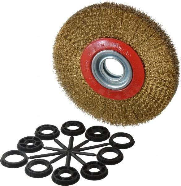 Value Collection - 7" OD, 1-1/4" Arbor Hole, Crimped Brass-Coated Steel Wheel Brush - 1" Face Width, 1-1/2" Trim Length, 0.012" Filament Diam, 6,000 RPM - Eagle Tool & Supply