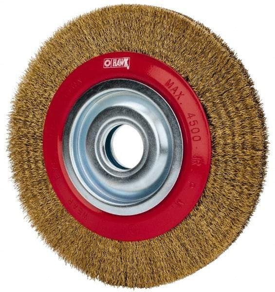 Value Collection - 8" OD, 1-1/4" Arbor Hole, Crimped Brass-Coated Steel Wheel Brush - 3/4" Face Width, 1-11/32" Trim Length, 0.012" Filament Diam, 4,500 RPM - Eagle Tool & Supply