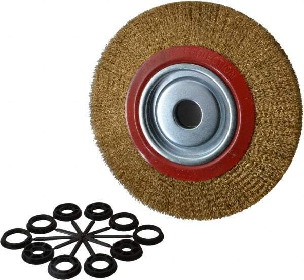 Value Collection - 10" OD, 1-1/4" Arbor Hole, Crimped Brass-Coated Steel Wheel Brush - 1" Face Width, 1-15/32" Trim Length, 0.012" Filament Diam, 3,000 RPM - Eagle Tool & Supply