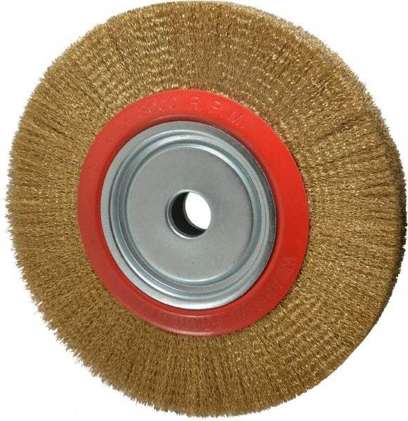 Value Collection - 12" OD, 1-1/4" Arbor Hole, Crimped Brass-Coated Steel Wheel Brush - 1-21/32" Face Width, 2-3/8" Trim Length, 0.012" Filament Diam, 3,000 RPM - Eagle Tool & Supply