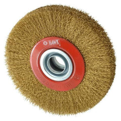 Value Collection - 5" OD, 3/4" Arbor Hole, Crimped Brass-Coated Steel Wheel Brush - 1" Face Width, 1-3/32" Trim Length, 0.007" Filament Diam, 6,000 RPM - Eagle Tool & Supply