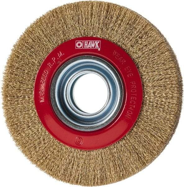 Value Collection - 6" OD, 1-1/4" Arbor Hole, Crimped Brass-Coated Steel Wheel Brush - 1" Face Width, 1-1/8" Trim Length, 0.007" Filament Diam, 6,000 RPM - Eagle Tool & Supply