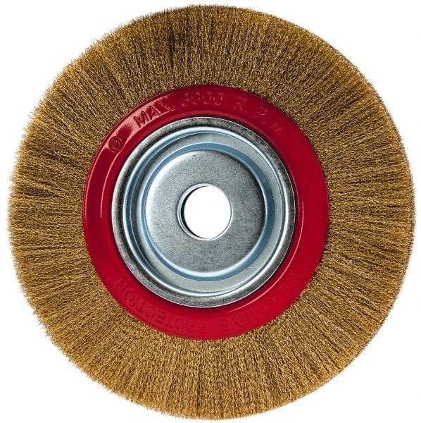 Value Collection - 10" OD, 1-1/4" Arbor Hole, Crimped Brass-Coated Steel Wheel Brush - 1" Face Width, 1-15/32" Trim Length, 0.007" Filament Diam, 3,000 RPM - Eagle Tool & Supply