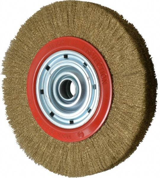 Value Collection - 12" OD, 1-1/4" Arbor Hole, Crimped Brass-Coated Steel Wheel Brush - 1-21/32" Face Width, 2-3/8" Trim Length, 0.007" Filament Diam, 3,000 RPM - Eagle Tool & Supply