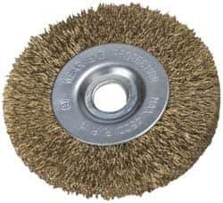 Value Collection - 2" OD, 3/8" Arbor Hole, Crimped Brass-Coated Steel Wheel Brush - 9/32" Face Width, 3/8" Trim Length, 0.007" Filament Diam, 4,500 RPM - Eagle Tool & Supply