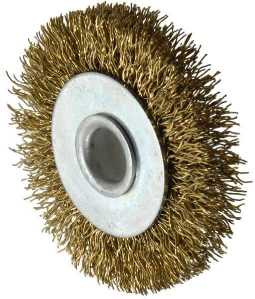 Value Collection - 2" OD, 3/8" Arbor Hole, Crimped Brass-Coated Steel Wheel Brush - 9/32" Face Width, 3/8" Trim Length, 0.012" Filament Diam, 4,500 RPM - Eagle Tool & Supply