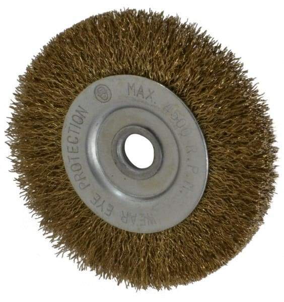 Value Collection - 3" OD, 3/8" Arbor Hole, Crimped Brass-Coated Steel Wheel Brush - 3/8" Face Width, 5/8" Trim Length, 0.007" Filament Diam, 4,500 RPM - Eagle Tool & Supply