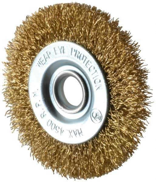 Value Collection - 3" OD, 1/2" Arbor Hole, Crimped Brass-Coated Steel Wheel Brush - 3/8" Face Width, 5/8" Trim Length, 0.012" Filament Diam, 4,500 RPM - Eagle Tool & Supply