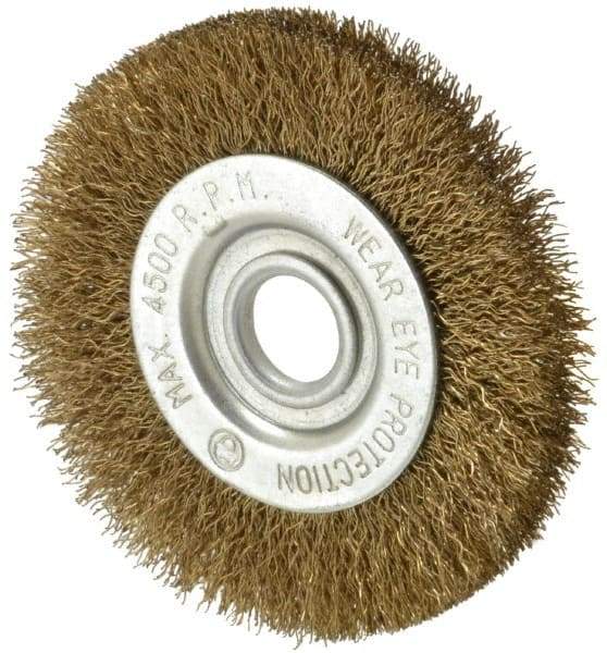 Value Collection - 3" OD, 1/2" Arbor Hole, Crimped Brass-Coated Steel Wheel Brush - 3/8" Face Width, 5/8" Trim Length, 0.007" Filament Diam, 4,500 RPM - Eagle Tool & Supply