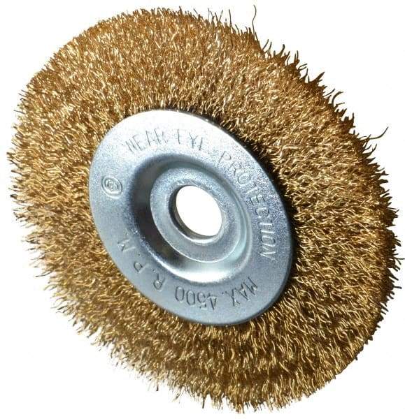 Value Collection - 4" OD, 1/2" Arbor Hole, Crimped Brass-Coated Steel Wheel Brush - 1/2" Face Width, 7/8" Trim Length, 0.012" Filament Diam, 4,500 RPM - Eagle Tool & Supply